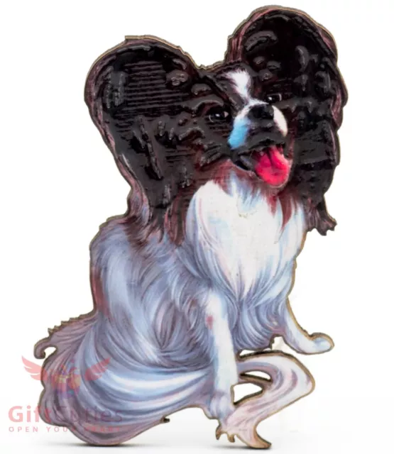 Wooden refrigerator or fridge dog magnet of Papillon Toy Spaniel