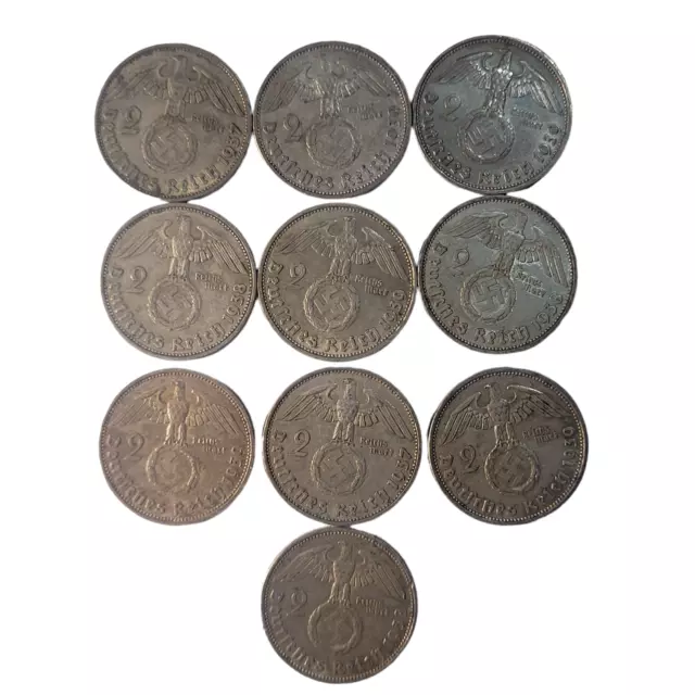 German 2 Reichsmark (Lot of 10) 1937 - 1939 Swastika Silver 3rd Reich Coin