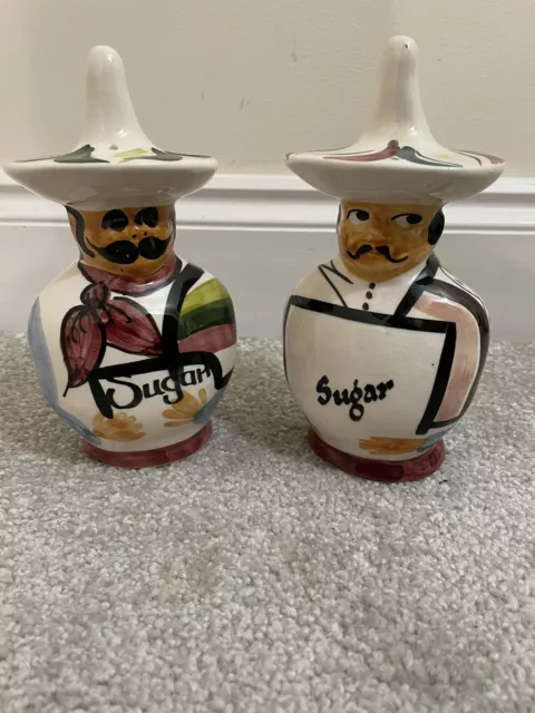 Two Vintage Toni Raymond Pottery Torquay Mexican Man Sugar Shakers From 1960'S