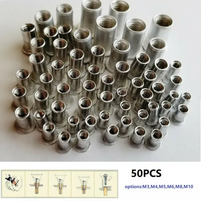 Confezione da 50 dadi rivetto testa piatta in acciaio inox per fili M6 e M10