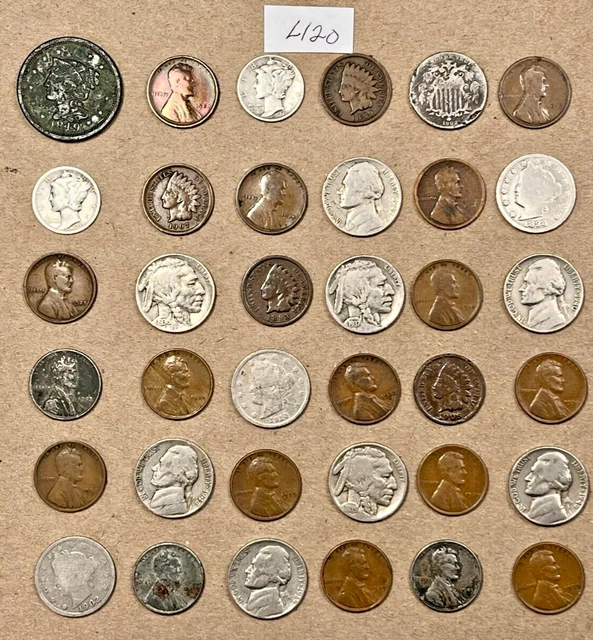 Estate Lot Of 36 Old Coins 1849 Large Cent Indian Head Penny Mercury Dimes #L120
