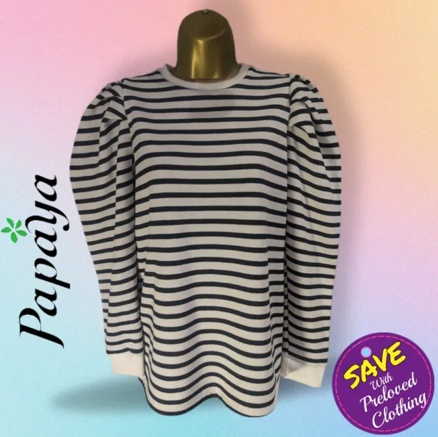 Papaya UK Small White Stripe  Jumper Sweater Warm Winter Puff Shoulder Sleeve