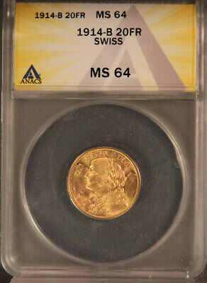 1914-B Switzerland 20 Francs Gold Coin ANACS MS64 'Helvetia' ~ Superb Condition