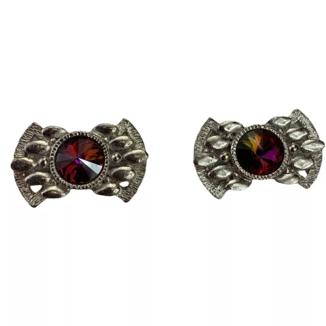 VTG 60s 70s Watermelon Rivoli Crystal Glass Cufflinks Silver Nugget Bowtie Shape