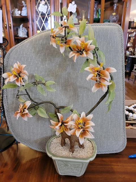Vintage Chinese Pink Cherry Blossom Bonsai Tree Glass Flowers 18 inch