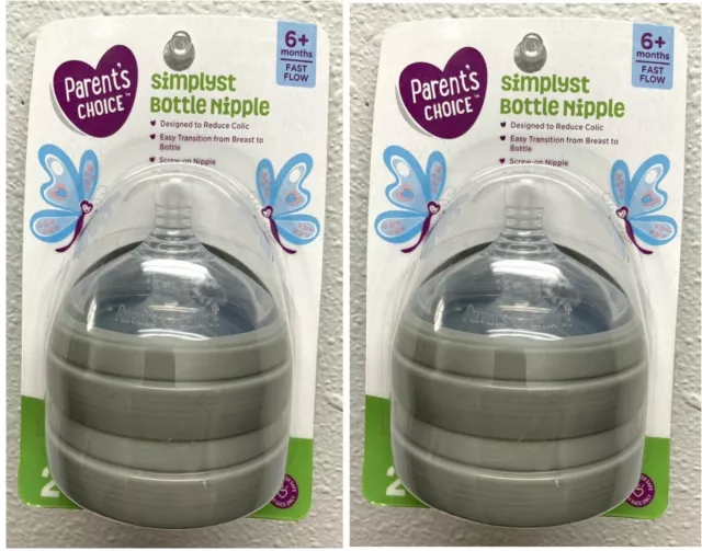 Parent's Choice Simplyst Baby Bottle Nipple 6+ Months Fast Flow TWO-2 packages