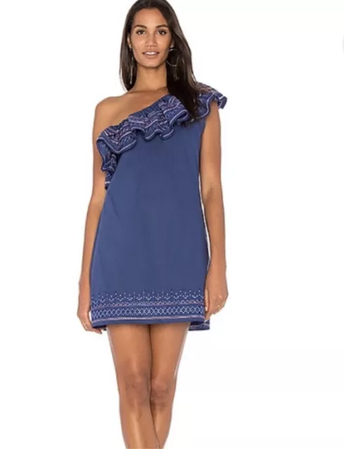 Parker XS NWT Katrina Lazuli Blue Embroidered Ruffle One Shoulder Mini Dress