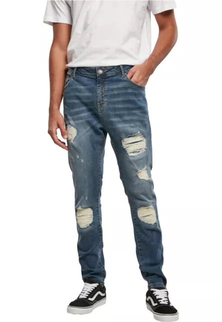 URBAN CLASSICS Pantaloni Jeans uomo Heavy Destroyed Slim Fit Denim Blue