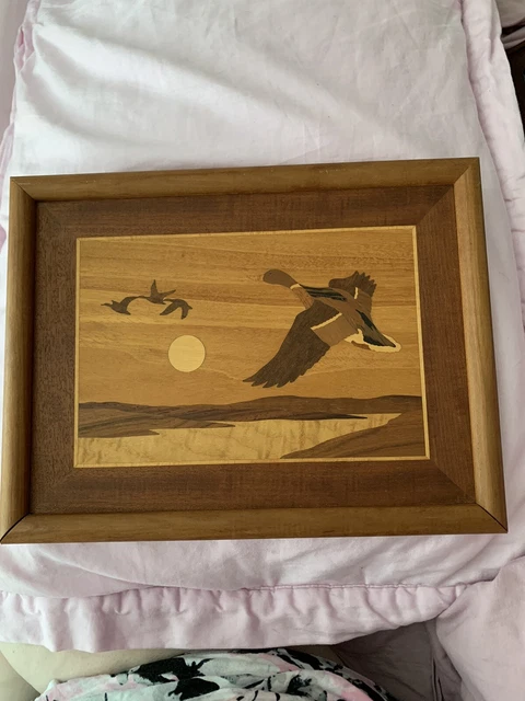 Mallard Ducks In Flight Marquetry Wood Framed Artwork
