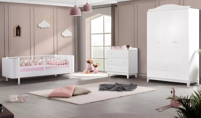 Modern Jugendzimmer Kinderzimmer Weiß Set luxuriöse Bett Kleiderschrank Kommode