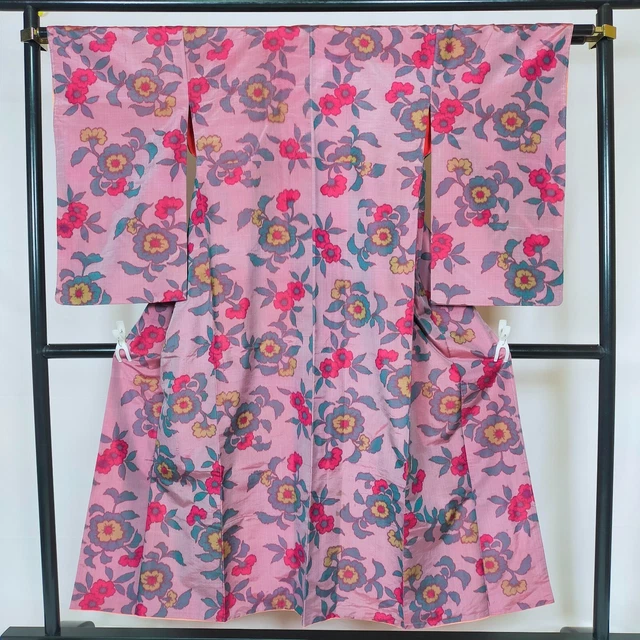 Japanese Antique Kimono robe Meisen Furisode doress jacket Flower pattern k750