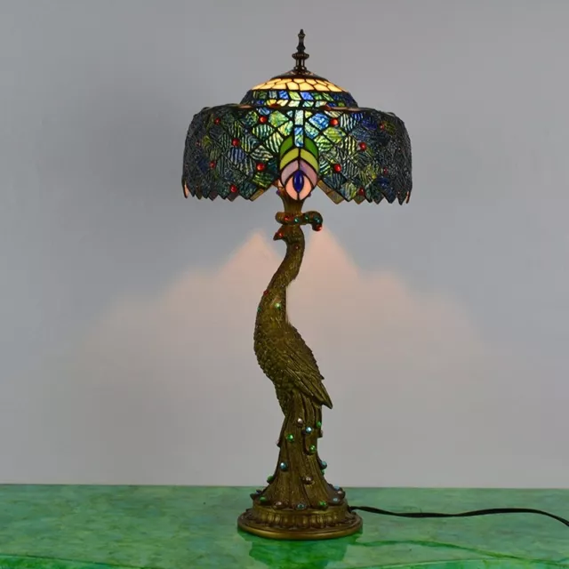 Tiffany Style Peacock Light Table Lamp LED Stained Glass Shade Desk Lamp