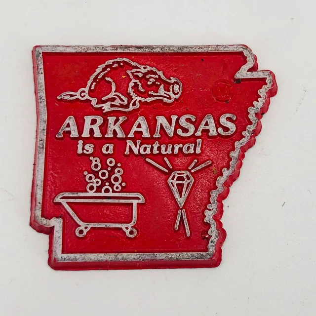 Vtg Arkansas Souvenir State Rubber Refrigerator Magnet w/ Razorback & Diamond