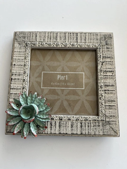 Pier 1 Picture Frame 5.5 x 5.5 Distress White Metal Flower Holds 3.5 x 3.5 Photo