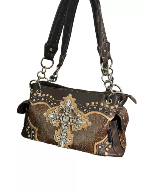 TexCyn Goods Brown Western Handbag Rhinestone Cross Concealed Carry Purse