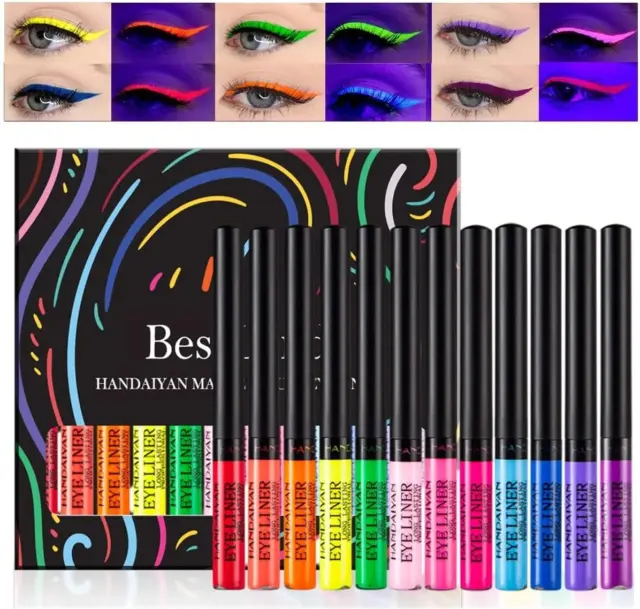 12 Farben Matt Flüssig Eyeliner Set UV Leuchten Neon Regenbogen Bunter Eyeliner Lang