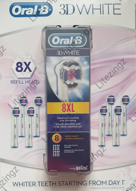 8 x Braun Oral B Electric Toothbrush Replacement 3D White Brush Heads - Genuine