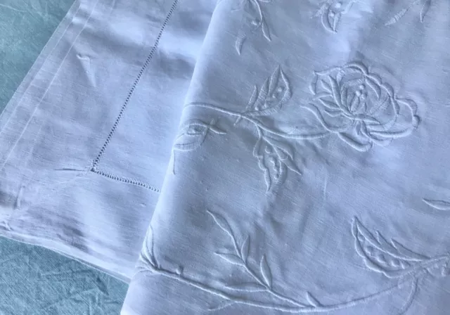 Antique Linen Tablecloth Floral Machine Embroidery Hemstitch Borders Large 225cm