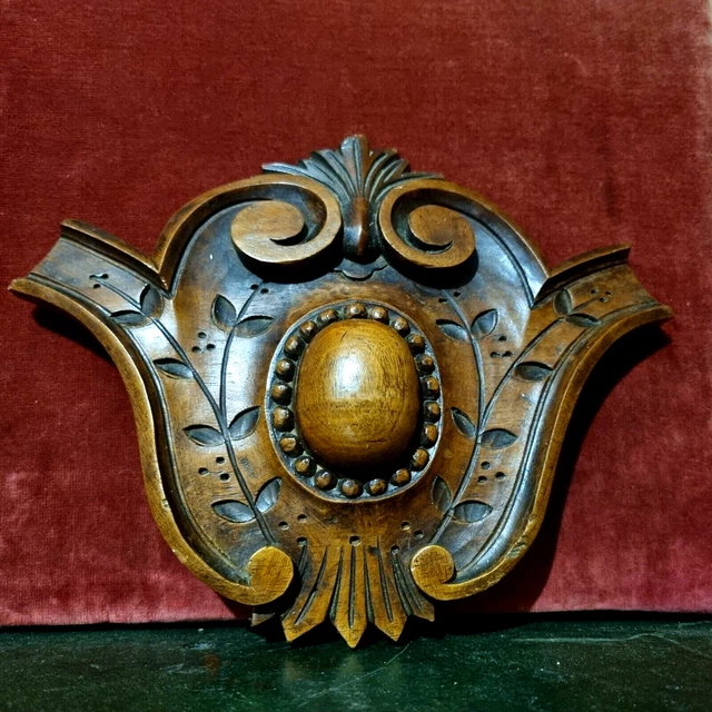 Coat of arms wood carving pediment 8 in - Antique French architectural salvage .