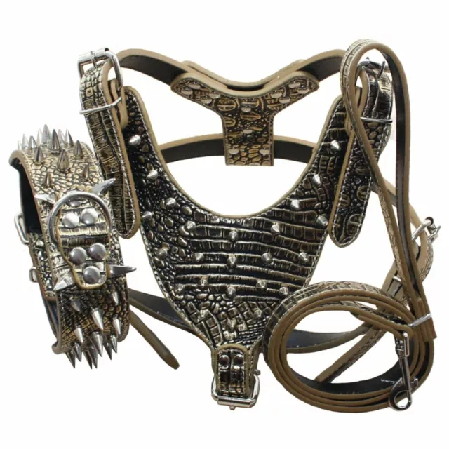 Spiked Studded Leather Dog Harness Collar Leash 3 Piece set for Pit Bull Terrier