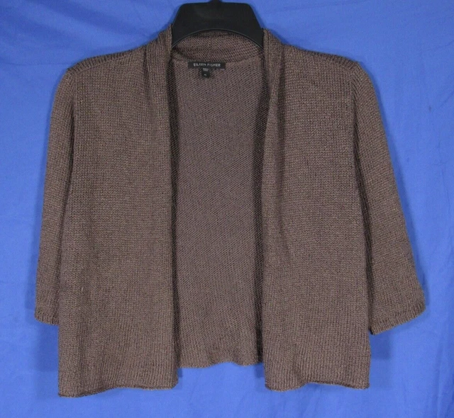 EILEEN FISHER Brown Soft Knit OPEN FRONT SWEATER CARDIGAN Silk Blend 3/4 Slv M