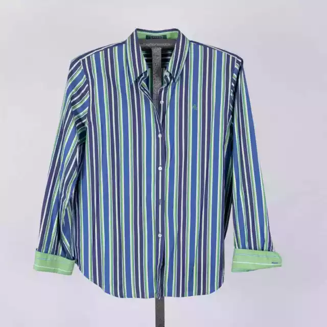 Lauren Ralph Lauren Women's Long Sleeve Blue Green Striped Button Up Shirt LARGE