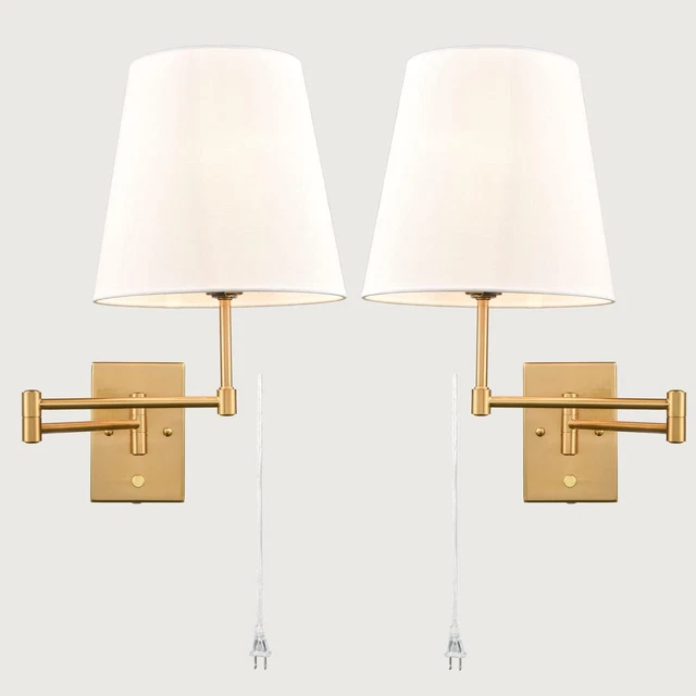 2-Pack Wall Sconces Swing Arm w/Linen Shade, Wall Light Fixtures Bedroom Bedside