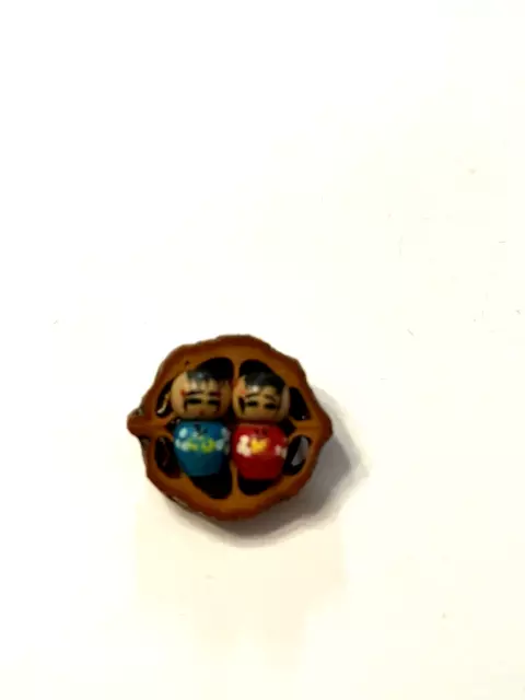 VTG Japanese Kokeshi Handmade Wooden Mini Dolls on Carved Peach Pit Pin Brooch