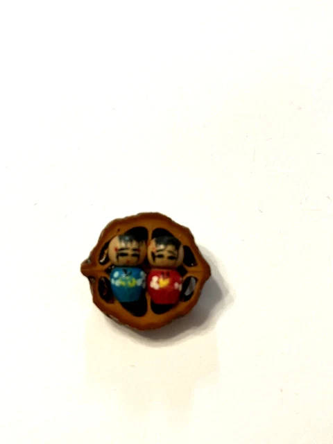 VTG Japanese Kokeshi Handmade Wooden Mini Dolls on Carved Peach Pit Pin Brooch