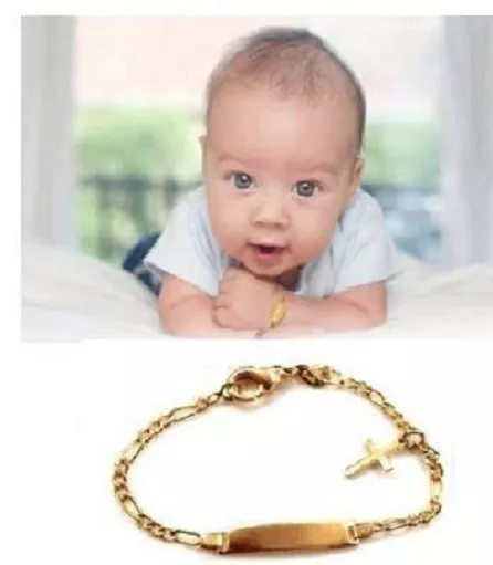 Baby no Personalized 14K gold overly id Bracelet with cross charm christening