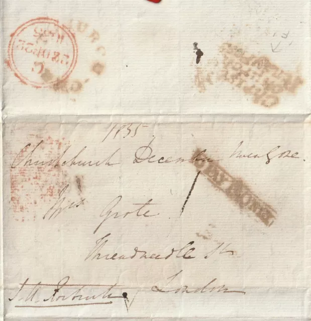 1835 HANTS - CHRISTCHURCH PENNY POST & UDC TO PAY 1d ONLY PART LETTER TO LONDON