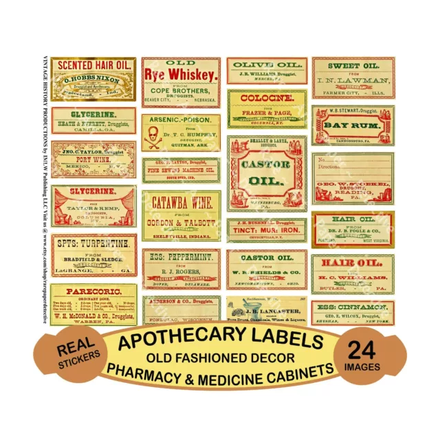 24 Apothecary Stickers, Bathroom Décor & Medicine Cabinet Labels