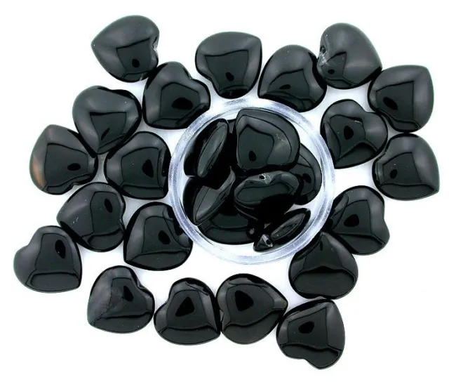 TWO Pair 3/5 Inch Top Drilled Natural Heart Black Onyx Focal Bead Gemstone Gem