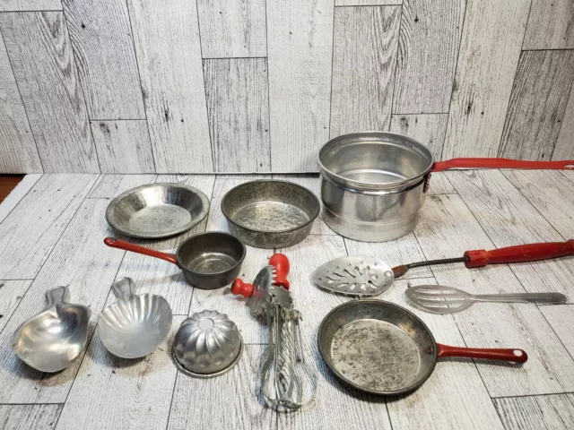 Vintage Aluminum Red Handle Toy Kitchen Pots Pans Utensils 1950s