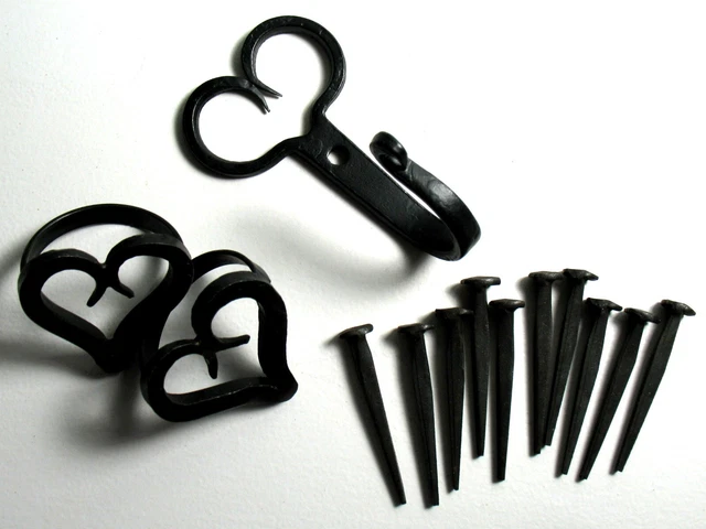 Lot of 13 Hand Forged Wrought Iron Pieces - Square Cut Nails, Napkin Rings, Hook