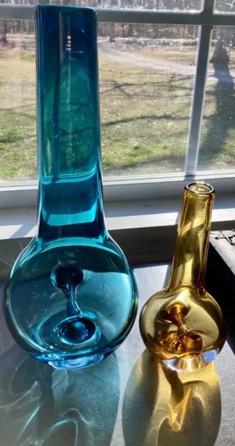 Set Of 2 Krosno Poland Art Glass Vase Thick Peacock Teal Blue 14” And Amber 8”