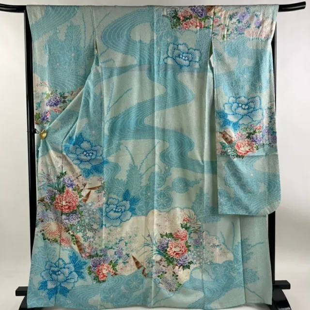 Japanese Kimono Furisode Pure Silk Flower Ship Gold Paint Tye Dye Light Blue