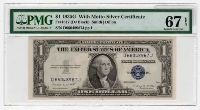 PMG Superb Gem Unc 67 EPQ 1935G with Motto $1 Silver Certificate D-J Block