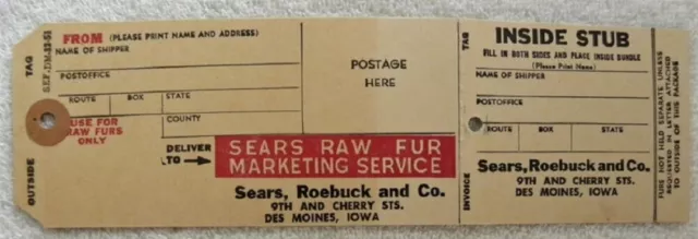 1951 Sears-Roebuck, Raw Fur, Traps, Trapping Shipping Tag, Des Moines, Iowa IA