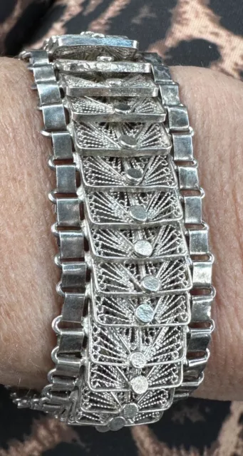 Vintage Intricate Sterling Silver Filigree Cannetille Articulated Link  Bracelet