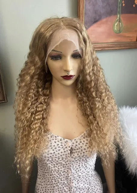 Custom made Curly honey blonde 13x4 free part 100% Human Hair daily wig