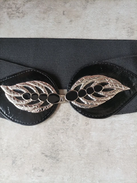 Cintura larga elastica vintage nera elastica design doppia foglia XL anni '80