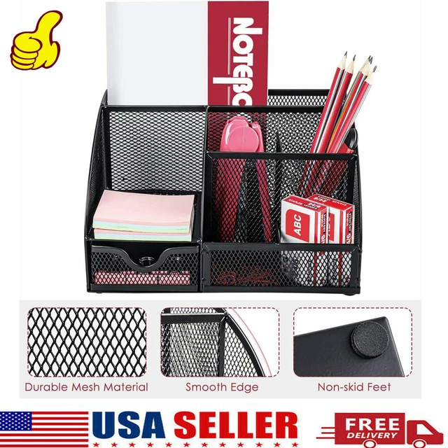 Office Desk Organizer Mesh Desktop Supplies Pen Holder w/6 Compartments 1 Drawer