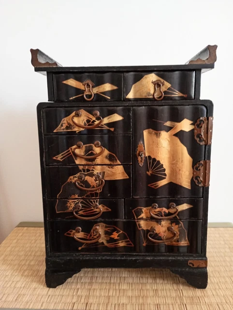 Boite a bijoux rangement asiatique Vietnam bois laqué poisson algue avec miroir intérieur - Collection