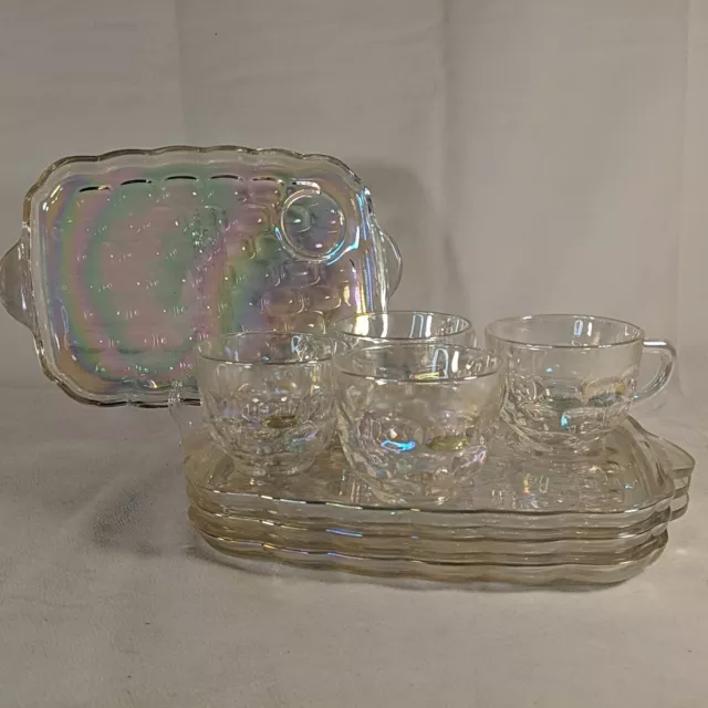 Vintage Iridescent Set of 8 Federal Glass 4 Trays 4 Cups Mugs Clear Glass Plates