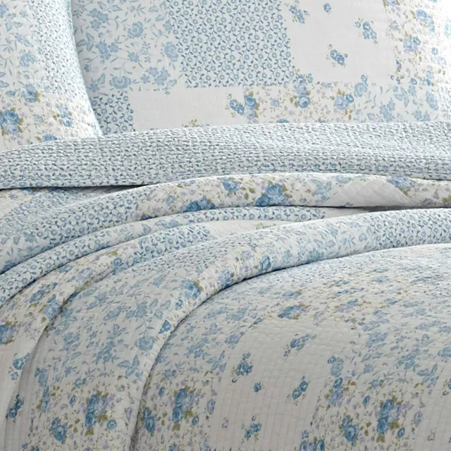 New! ~ Cozy Shabby Chic French Blue Green White Rose Romantic Country Quilt Set