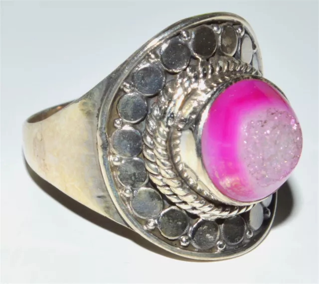 Treated Fleece Pink Aura Druzy 925 Sterling Silver Ring Jewelry s.7 JB20040