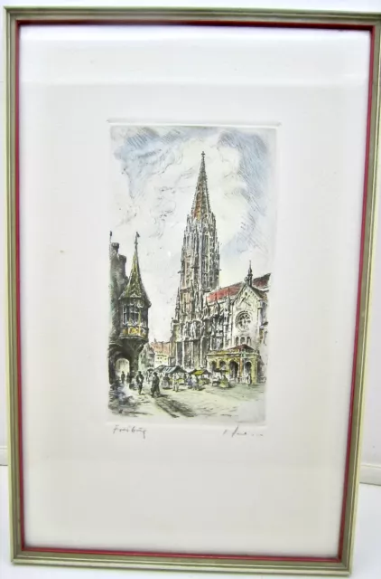 Freiburger Münster/Markt -original Bleistiftzeichnung signiert ,Holzrahmen