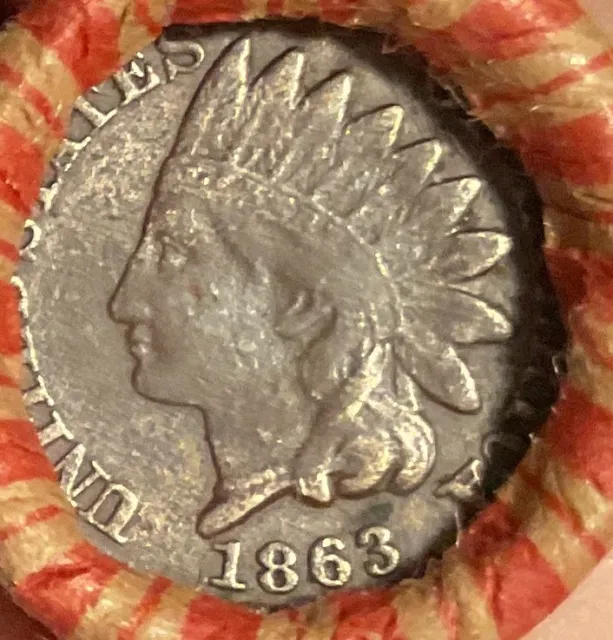 Crimped & Sealed Wheat Penny roll capped w/high grade 1863 Indian Head Cent #89