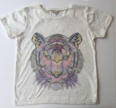 River Island Girls T Shirt 11/12 Yrs Tiger Graphic Embellished Diamanté